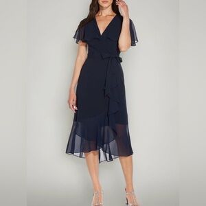 Adrianna Papell Women's Divine Crepe and Chiffon Dress Navy Blue Size 6